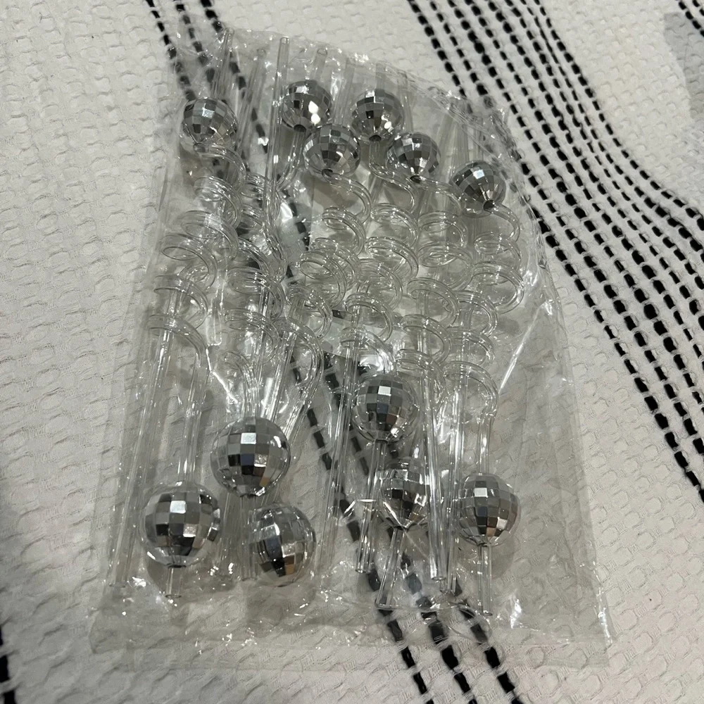 Silver Disco Ball Spiral Drinking Straws - Party Pack (set of 12)